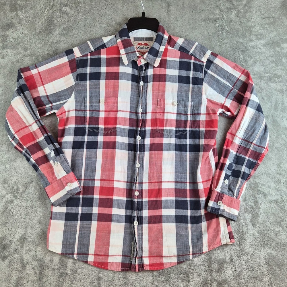 Vintage Carhartt Shirt Mens Large Red White Blue Plaid Long Sleeve Workwear
